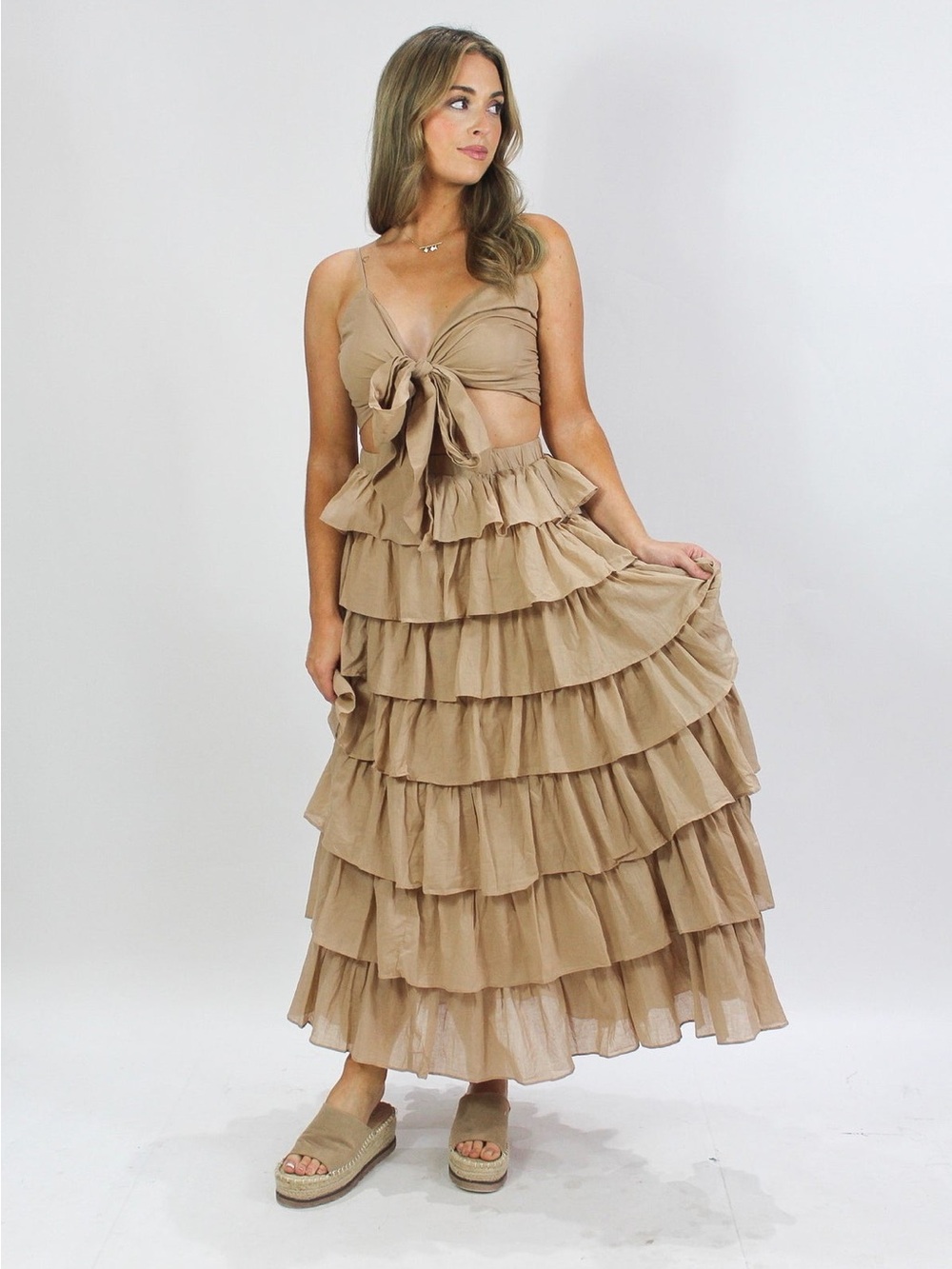 MABLE Tie Front Top and Ruffle Maxi Skirt Set
